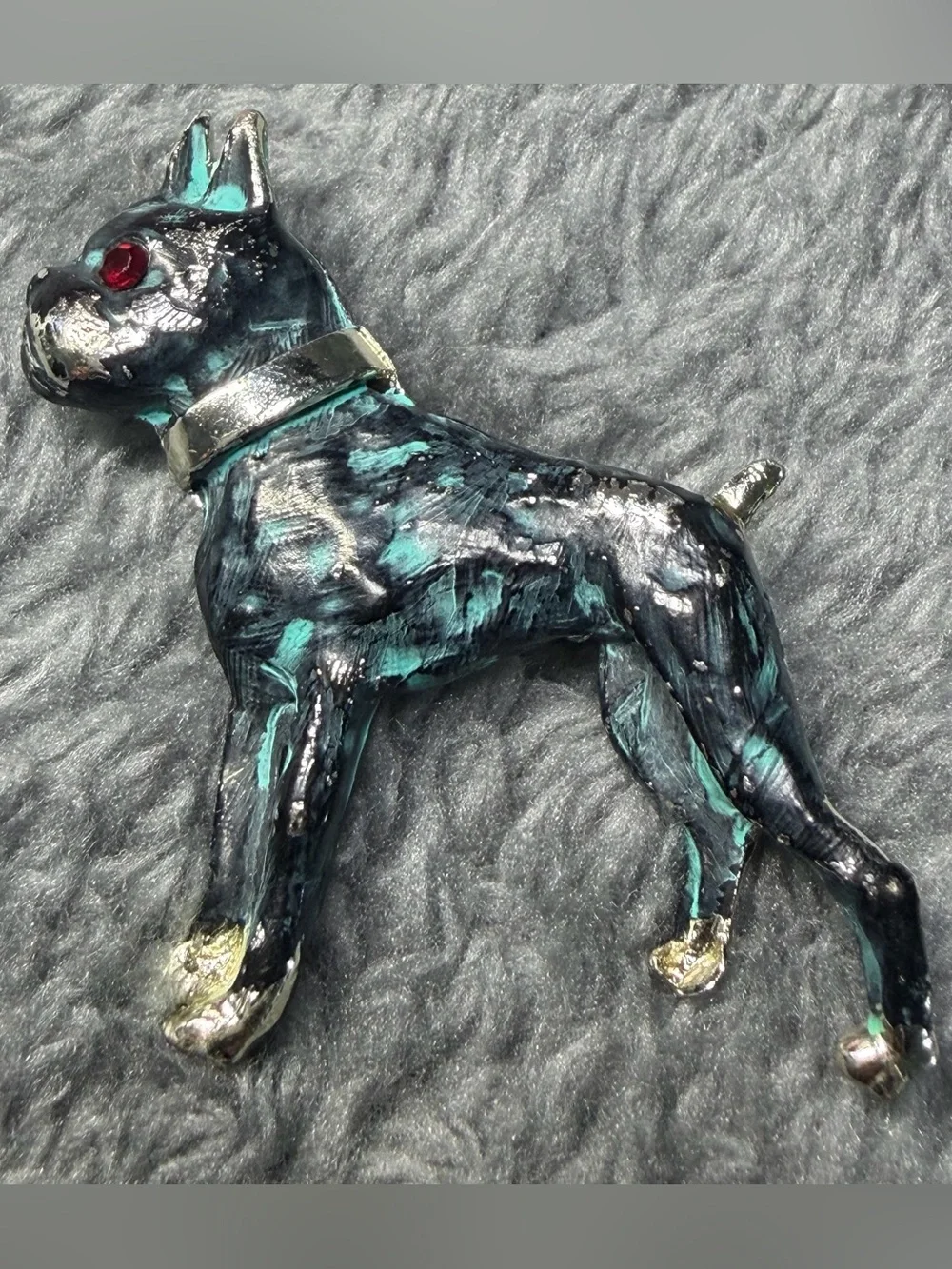 Vintage Boston Terrier Dog Brooch Pin Black Turquoise Marbled Enamel